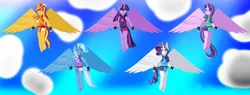 Size: 1280x487 | Tagged: safe, artist:katja060902, derpibooru import, rarity, starlight glimmer, sunset shimmer, trixie, twilight sparkle, twilight sparkle (alicorn), alicorn, anthro, alicornified, clothes, flying, image, jetpack, jpeg, leotard, race swap, raricorn, shimmercorn, sky, sky background, starlicorn, trixiecorn, xk-class end-of-the-world scenario