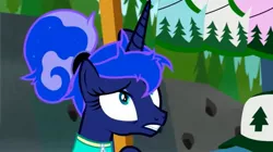 Size: 2048x1144 | Tagged: safe, derpibooru import, screencap, princess luna, alicorn, pony, between dark and dawn, alternate hairstyle, clothes, cute, female, hair bun, image, jpeg, leotard, luna is not amused, mare, messy mane, teeth, unamused, zipline