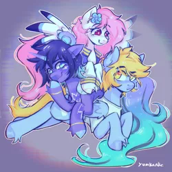 Size: 3500x3500 | Tagged: safe, artist:yumkandie, derpibooru import, oc, unofficial characters only, alicorn, pegasus, pony, alicorn oc, chest fluff, clothes, commission, dogpile, ear fluff, female, high res, horn, image, jacket, lying down, male, pegasus oc, png, shirt, unshorn fetlocks, wings