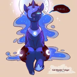 Size: 1200x1200 | Tagged: suggestive, artist:cold-blooded-twilight, derpibooru import, princess luna, alicorn, chest fluff, dialogue, female, glow, glowing eyes, image, moon, png, raised leg, solo, solo female, speech bubble, wide hips