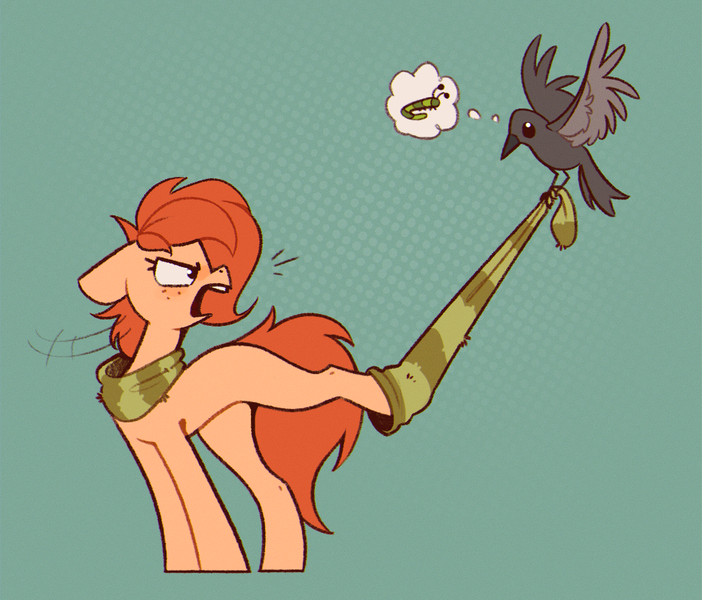 Size: 1004x858 | Tagged: safe, artist:rexyseven, derpibooru import, oc, oc:rusty gears, bird, earth pony, pony, worm, annoyed, blank flank, clothes, female, flying, image, looking at something, looking back, mare, open mouth, png, pulling, scarf, sock, socks, solo, spread wings, striped socks, thought bubble, wings
