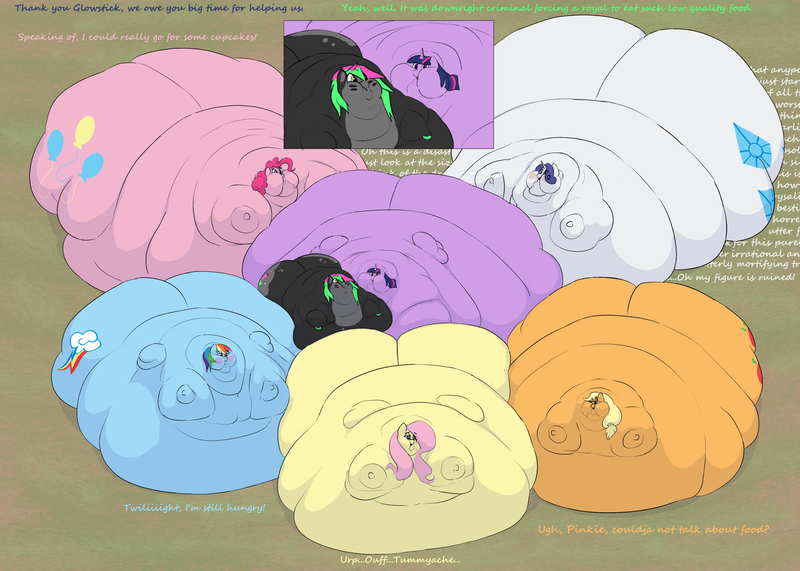 Size: 3500x2500 | Tagged: questionable, artist:lupin quill, derpibooru import, applejack, fluttershy, pinkie pie, queen chrysalis, rainbow dash, rarity, twilight sparkle, oc, earth pony, pegasus, pony, unicorn, bag, belly, belly bed, big belly, blob, blushing, burp, butt, chubby cheeks, dialogue, embarrassed, fat, fat fetish, fattershy, feed bag, feedee, female, females only, fetish, horn, huge belly, huge butt, image, immobile, impossibly large belly, impossibly large butt, impossibly obese, large butt, mane six, marshmelodrama, morbidly obese, multichin, obese, open mouth, plot, png, pudgy pie, queen chrysalard, rarity being rarity, retribution, rolls of fat, unicorn oc