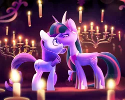 Size: 1656x1330 | Tagged: safe, artist:dawnfire, rarity, twilight sparkle, twilight sparkle (alicorn), alicorn, pony, unicorn, fanfic:the enchanted carousel, candle, crown, fanfic art, female, hoof shoes, horn, image, jewelry, jpeg, lesbian, mare, peytral, rarilight, regalia, shipping, watermark, wings