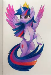 Size: 1396x2048 | Tagged: safe, artist:luminousdazzle, derpibooru import, twilight sparkle, twilight sparkle (alicorn), alicorn, pony, friendship is magic, alternate design, chest fluff, colored wings, crown, female, flying, g4, gradient wings, image, jewelry, jpeg, looking up, mare, princess, purple eyes, regalia, solo, traditional art, unshorn fetlocks, wings