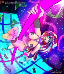 Size: 2173x2500 | Tagged: suggestive, artist:cali luminos, derpibooru import, sunset shimmer, human, equestria girls, anime, belly button, dancer, fanart, feet, female, flower, flower in mouth, image, jpeg, money, mouth hold, nipple tape, pasties, pole dancing, rose, rose in mouth, solo, solo female, stripper, stripper pole