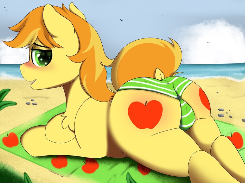 Size: 4000x3000 | Tagged: questionable, artist:dicemarensfw, derpibooru import, braeburn, earth pony, pony, adorable face, balls, beach, beach towel, blushing, butt, cute, image, jpeg, male, nudity, ocean, open mouth, plants, rear view, rock, sexy, stallion, tongue out, towel, water