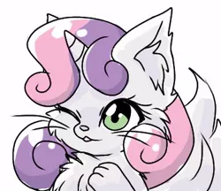 Size: 370x320 | Tagged: safe, artist:namaenonaipony, derpibooru import, sweetie belle, cat, unicorn, bust, catified, female, horn, image, jpeg, kitty belle, one eye closed, simple background, solo, species swap, white background