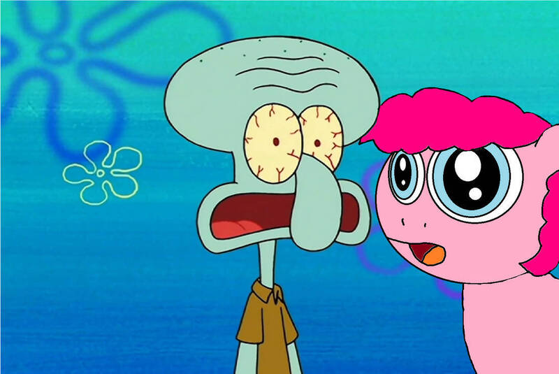 Size: 1094x731 | Tagged: safe, artist:disneyponyfan, derpibooru import, pinkie pie, earth pony, octopus, pony, bloodshot eyes, clothes, crossover, female, image, jpeg, male, mare, ocean, shirt, shocked, spongebob squarepants, squid on strike, squidward tentacles, water