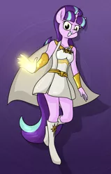 Size: 1511x2373 | Tagged: safe, artist:moonatik, derpibooru import, starlight glimmer, anthro, pony, unguligrade anthro, unicorn, abstract background, belt, boots, cape, clothes, crossover, female, image, looking at you, mare, png, s5 starlight, shoes, starlight (the boys), superhero, the boys