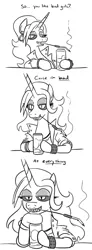 Size: 433x1179 | Tagged: safe, artist:jargon scott, derpibooru import, oc, oc:dyx, unofficial characters only, alicorn, pony, bedroom eyes, beer can, black and white, cigarette, cigarette holder, clothes, comic, dialogue, eyeshadow, female, grayscale, grin, image, jacket, looking at you, makeup, mare, monochrome, png, sharp teeth, simple background, smiling, smiling at you, smoking, solo, studded bracelet, talking to viewer, teeth, white background