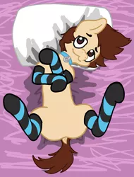 Size: 1749x2299 | Tagged: safe, artist:ponyboy, derpibooru import, oc, oc:ponyboy, unofficial characters only, earth pony, bed, clothes, collar, earth pony oc, image, looking at you, lying down, male, on back, on bed, png, socks, solo, solo male, submissive