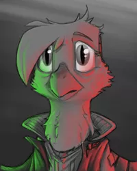 Size: 800x1000 | Tagged: safe, artist:sinrar, derpibooru import, gilda, gryphon, bust, clothes, female, image, jacket, looking at you, monochrome, neo noir, partial color, png, portrait, ruffled feathers, solo, solo female, worried