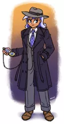 Size: 980x1880 | Tagged: safe, artist:king-kakapo, derpibooru import, minuette, human, clothes, detective, fedora, hat, humanized, image, necktie, png, pocket watch, shoes, solo, suit, trenchcoat
