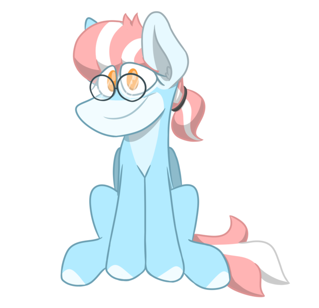 Size: 2800x2700 | Tagged: safe, artist:grandfinaleart, derpibooru import, oc, oc:cloud jumper, unofficial characters only, pegasus, pony, blue fur, clothes, digital art, female, folded wings, glasses, image, looking at you, mare, orange eyes, pegasus oc, pink hair, pink mane, png, ponytail, simple background, sitting, smiling, smiling at you, solo, striped hair, striped mane, transparent background, white hair, white mane, wings