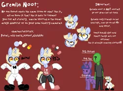 Size: 2979x2219 | Tagged: safe, artist:nootaz, derpibooru import, twilight sparkle, twilight sparkle (alicorn), oc, oc:anon, oc:gremlin noot, alicorn, human, pony, unicorn, bipedal, bowtie, clothes, female, image, male, mare, png, red background, reference sheet, shoes, simple background, slippers, suit