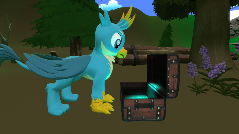 Size: 1920x1080 | Tagged: safe, artist:ponygamer2020, artist:ponygamersfm, derpibooru import, gallus, gryphon, 3d, chest, everfree forest, forest, image, implied transformation, light, male, png, source filmmaker, surprised, tail, tree, wings