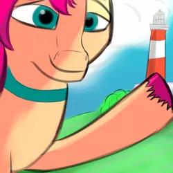 Size: 4000x4000 | Tagged: safe, derpibooru import, sunny starscout, earth pony, pony, g5, image, jpeg, lighthouse, looking at you, raised hoof, simple background