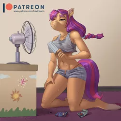 Size: 900x900 | Tagged: suggestive, artist:kevinsano, derpibooru import, sunny starscout, anthro, earth pony, unguligrade anthro, bedroom eyes, belly button, braided ponytail, breasts, busty sunny starscout, clothes, detailed background, digital art, erect nipples, fan, female, food, g5, hand on leg, hand on thigh, heatwave, hot, image, kneeling, nipple outline, one eye closed, panties, png, popsicle, shorts, solo, summer, sweat, tail, tanktop, thighs, underwear, wide hips