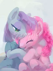 Size: 1080x1440 | Tagged: safe, artist:syq93793068, derpibooru import, maud pie, pinkie pie, earth pony, pony, chinese text, clothes, cute, diapinkes, dress, duo, duo female, eyes closed, female, happy, image, jpeg, mare, moon runes, open mouth, open smile, pie sisters, profile, sample, siblings, sisters, smiling, underhoof, watermark