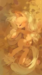 Size: 1080x1920 | Tagged: safe, artist:syq93793068, derpibooru import, applejack, earth pony, pony, applejack's hat, cowboy hat, eyes closed, female, hat, hatless, image, jpeg, leaf, lying down, mare, missing accessory, profile, side, sleeping, solo