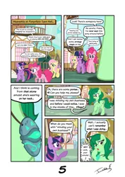 Size: 2481x3508 | Tagged: safe, artist:daafroman, artist:estories, artist:memprices, artist:zacatron94, derpibooru import, fluttershy, pinkie pie, twilight sparkle, twilight sparkle (alicorn), wallflower blush, alicorn, earth pony, pegasus, pony, comic:where does magic come from?, comic, dialogue, female, high res, image, memory stone, png, ponyville, speech bubble, text, town hall
