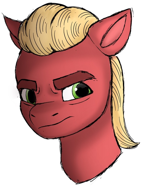 Size: 1427x1832 | Tagged: safe, artist:dancingkinfiend, derpibooru import, sprout cloverleaf, earth pony, pony, my little pony: a new generation, angry, blonde hair, blonde mane, bust, derpibooru exclusive, eyebrows down, floppy ears, frown, g5, green eyes, image, jpeg, male, portrait, red fur, rough sketch, shading, sketch, solo, stallion