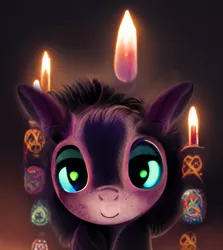 Size: 750x842 | Tagged: safe, derpibooru import, machine learning generated, midjourney, oc, artificial intelligence, candle, female, fire, image, photoshop, png, simple background, smiling, solo, symbols, voodoo