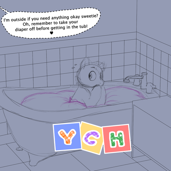 Size: 800x800 | Tagged: safe, artist:binkyroom, derpibooru import, pony, ashamed, bathroom, bathtub, commission, covering mouth, cute, diaper, image, looking sideways, oops, png, scared, solo, speech bubble, text, your character here