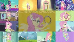 Size: 1280x721 | Tagged: safe, derpibooru import, edit, edited screencap, editor:quoterific, screencap, fluttershy, pinkie pie, rainbow dash, rarity, sci-twi, sunset shimmer, twilight sparkle, butterfly, insect, equestria girls, equestria girls series, friendship games, friendship through the ages, hamstocalypse now, rainbow rocks, shake your tail, spring breakdown, the science of magic, spoiler:eqg series (season 2), better than ever, boots, clothes, cute, drums, eyes closed, female, flying, geode of fauna, geode of telekinesis, glasses, hairpin, image, jpeg, magical geodes, microphone, musical instrument, one eye closed, open mouth, open smile, ponied up, ponytail, shoes, shyabetes, singing, smiling, spread wings, tambourine, tanktop, text, wings, wink