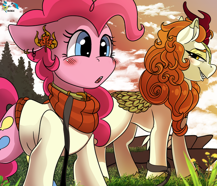 Size: 3500x3000 | Tagged: safe, artist:brainiac, derpibooru import, autumn blaze, pinkie pie, earth pony, kirin, pony, :o, autumnpie, blushing, clothes, collar, ear piercing, earring, female, grin, image, jewelry, leash, lesbian, mare, open mouth, pet play, piercing, png, shipping, smiling, sweater