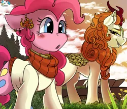Size: 3500x3000 | Tagged: safe, alternate version, artist:brainiac, derpibooru import, autumn blaze, pinkie pie, earth pony, kirin, pony, :o, autumnpie, blushing, clothes, collar, ear piercing, earring, female, grin, image, jewelry, lesbian, mare, open mouth, piercing, png, shipping, smiling, sweater