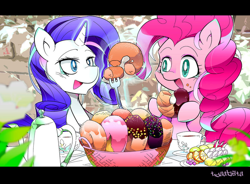 Size: 1800x1325 | Tagged: safe, artist:tyuubatu, derpibooru import, pinkie pie, rarity, earth pony, pony, unicorn, cup, donut, food, fork, fruit, glow, glowing horn, horn, image, jpeg, levitation, magic, open mouth, tea, teacup, telekinesis, wiki