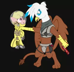 Size: 2260x2221 | Tagged: safe, artist:irkengeneral, derpibooru import, oc, oc:henrietta firebright, oc:puppysmiles, unofficial characters only, earth pony, gryphon, pony, fallout equestria, fallout equestria: pink eyes, fanfic, bag, black background, fallout, fanfic art, female, filly, foal, gun, handgun, hazmat suit, hooves, image, jpeg, open mouth, pistol, saddle bag, simple background, weapon, wings