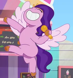 Size: 1694x1800 | Tagged: safe, derpibooru import, screencap, pipp petals, my little pony: tell your tale, spoiler:g5, spoiler:my little pony: tell your tale, spoiler:tyts01e21, cropped, g5, image, jpeg, microphone, my bananas, raised leg, solo