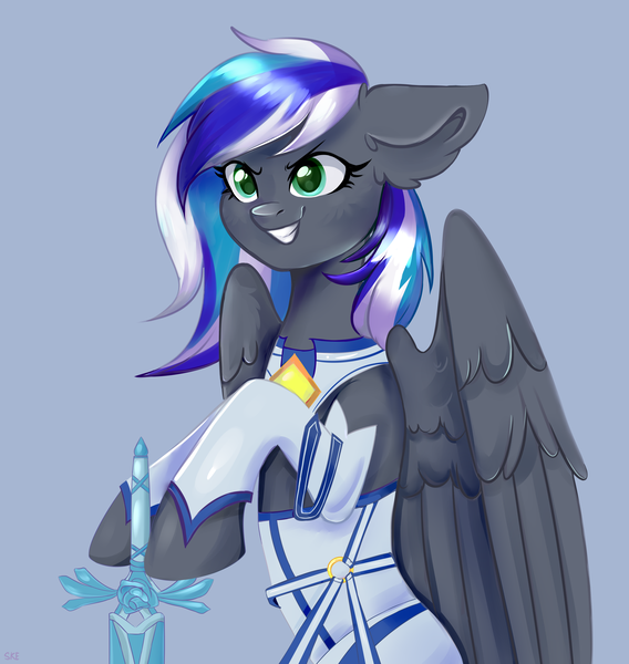 Size: 4200x4440 | Tagged: safe, artist:ske, derpibooru import, oc, pegasus, pony, commission, floppy ears, image, png, simple background, solo, sword, weapon