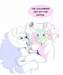 Size: 1009x1200 | Tagged: safe, artist:aztrial, derpibooru import, izzy moonbow, pipp petals, pegasus, pony, unicorn, bowl, cucumber, dialogue, duo, eating, female, food, g5, hair curlers, image, jpeg, limited palette, mare, mouth hold, mud mask, simple background, speech bubble, white background