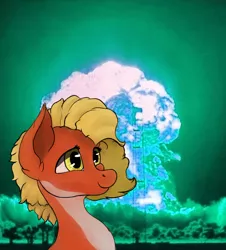 Size: 2420x2680 | Tagged: safe, artist:aquamuro, derpibooru import, oc, oc:posada, unofficial characters only, pony, seapony (g4), equestria at war mod, background, bust, colored sketch, fanart, female, happy, image, mare, nuclear explosion, nuclear weapon, png, portrait, proud, seapony oc, sketch, smiling, thousand yard stare, weapon, yellow eyes, yellow mane