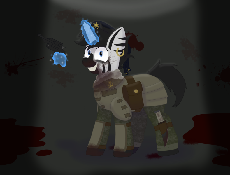 Size: 5000x3800 | Tagged: grimdark, artist:suidian, derpibooru import, oc, oc:trigger, hybrid, zony, fallout equestria, armor, bag, beret, blood, blood stains, bloody knife, camouflage, clothes, dark, ear piercing, earring, gun, handgun, hat, image, jewelry, knife, magic, piercing, png, revolver, saddle bag, stripes, telekinesis, weapon, zony oc