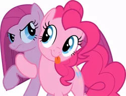 Size: 790x600 | Tagged: source needed, safe, derpibooru import, pinkie pie, earth pony, pony, hearth's warming eve (episode), :p, duality, duo, female, hug, image, jpeg, looking at each other, looking at someone, mare, photoshop, pinkamena diane pie, simple background, tongue out, transparent background