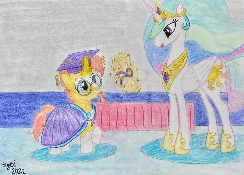 Size: 3781x2719 | Tagged: safe, artist:opti, derpibooru import, princess celestia, sunburst, alicorn, pony, unicorn, atg 2022, diploma, female, graduation, graduation cap, hat, image, jpeg, male, mare, newbie artist training grounds, stallion, traditional art