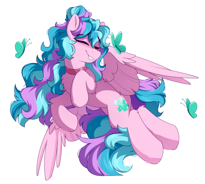 Size: 2343x2100 | Tagged: safe, artist:crimmharmony, derpibooru import, oc, unofficial characters only, butterfly, insect, pegasus, pony, choker, commission, eyes closed, flying, high res, image, multicolored mane, png, simple background, smiling, solo, spread wings, transparent background, wings