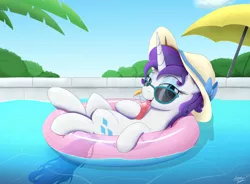 Size: 2000x1471 | Tagged: safe, artist:arcane-thunder, derpibooru import, rarity, pony, unicorn, atg 2022, cup, drink, female, hat, image, inner tube, lidded eyes, looking at you, lying down, mare, newbie artist training grounds, on back, png, smiling, smiling at you, solo, sun hat, sunglasses, swimming pool, umbrella