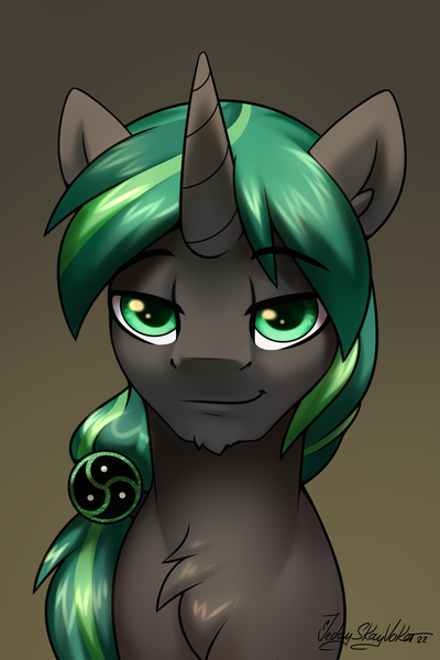 Size: 2000x3000 | Tagged: oc name needed, safe, artist:jedayskayvoker, derpibooru import, oc, pony, unicorn, bust, chest fluff, dogwhistle, ear fluff, eyebrows, gradient background, green eyes, icon, image, male, patreon, patreon reward, png, ponytail, portrait, raised eyebrow, smiling, smirk, solo, stallion, triskelion