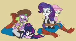Size: 3646x1971 | Tagged: safe, artist:bugssonicx, derpibooru import, fluttershy, rarity, sci-twi, spike, spike the regular dog, twilight sparkle, dog, equestria girls, back-to-back, bondage, boots, clothes, cowboy boots, hogtied, image, png, rope, shoes, simple background, smiling, tied up