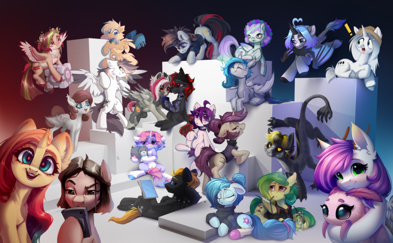 Size: 5000x3100 | Tagged: safe, artist:annna markarova, artist:argigen, artist:drops-of-blood, artist:feelinnglad, artist:jsunlight, artist:rexyseven, artist:shido-tara, derpibooru import, oc, oc:convict21, oc:mojito lush, oc:naga, oc:whispy slippers, alicorn, earth pony, pegasus, pony, unicorn, collaboration, companion cube, image, png, portal (valve)