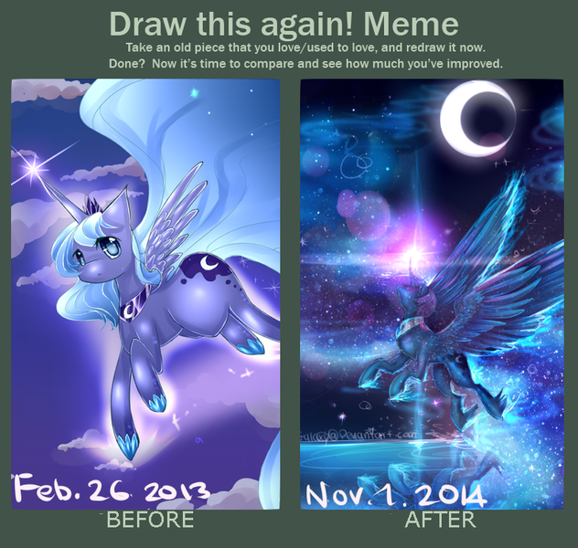 Size: 784x744 | Tagged: safe, artist:aquagalaxy, derpibooru import, princess luna, alicorn, pony, comparison, draw this again, image, long mane, long tail, png, redraw, tail