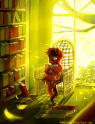 Size: 3000x3882 | Tagged: safe, artist:aquagalaxy, derpibooru import, oc, unofficial characters only, earth pony, pony, book, bookshelf, chair, high res, image, png, reading, sitting, solo, window