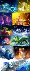 Size: 2000x4700 | Tagged: safe, artist:aquagalaxy, derpibooru import, pinkie pie, oc, oc:crimson sunset, oc:emerald rescue, oc:silverlay, oc:sloppy smile, butterfly, earth pony, insect, pegasus, pony, unicorn, armor, bow, chainmail, clothes, crying, cupcake, female, flying, food, hair bow, high res, image, male, mare, mug, png, pumpkin, scarf, stallion, sweater, tea
