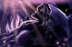 Size: 2400x1552 | Tagged: safe, artist:aquagalaxy, derpibooru import, oc, oc:lanteria, unofficial characters only, demon, demon pony, original species, pegasus, pony, armor, ethereal mane, image, png, sitting, solo