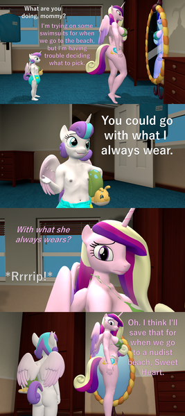 Size: 1920x4320 | Tagged: questionable, artist:papadragon69, banned from derpibooru, ponybooru import, princess cadance, princess flurry heart, whammy, alicorn, anthro, plantigrade anthro, 3d, ass, babycon, bikini, butt, casual nudity, clothes, comic, dialogue, diaper, female, flurrybutt, image, lolicon, mirror, naked flurry heart, nipples, nudity, png, source filmmaker, swimsuit, toddler, toddlercon, underage, undressing